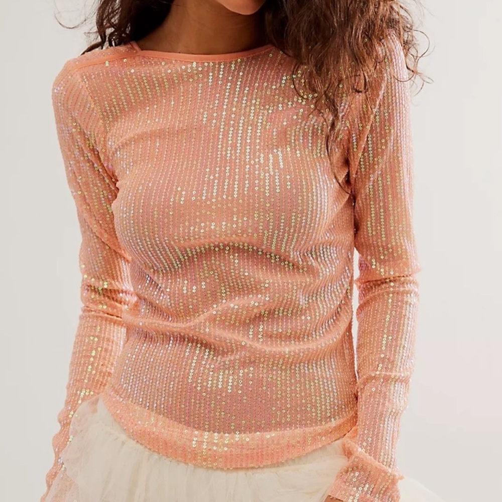 FREE PEOPLE UNAPOLOGETIC LONG SLEEVE SEQUIN TOP LARGE SUN BLUSH PEACH